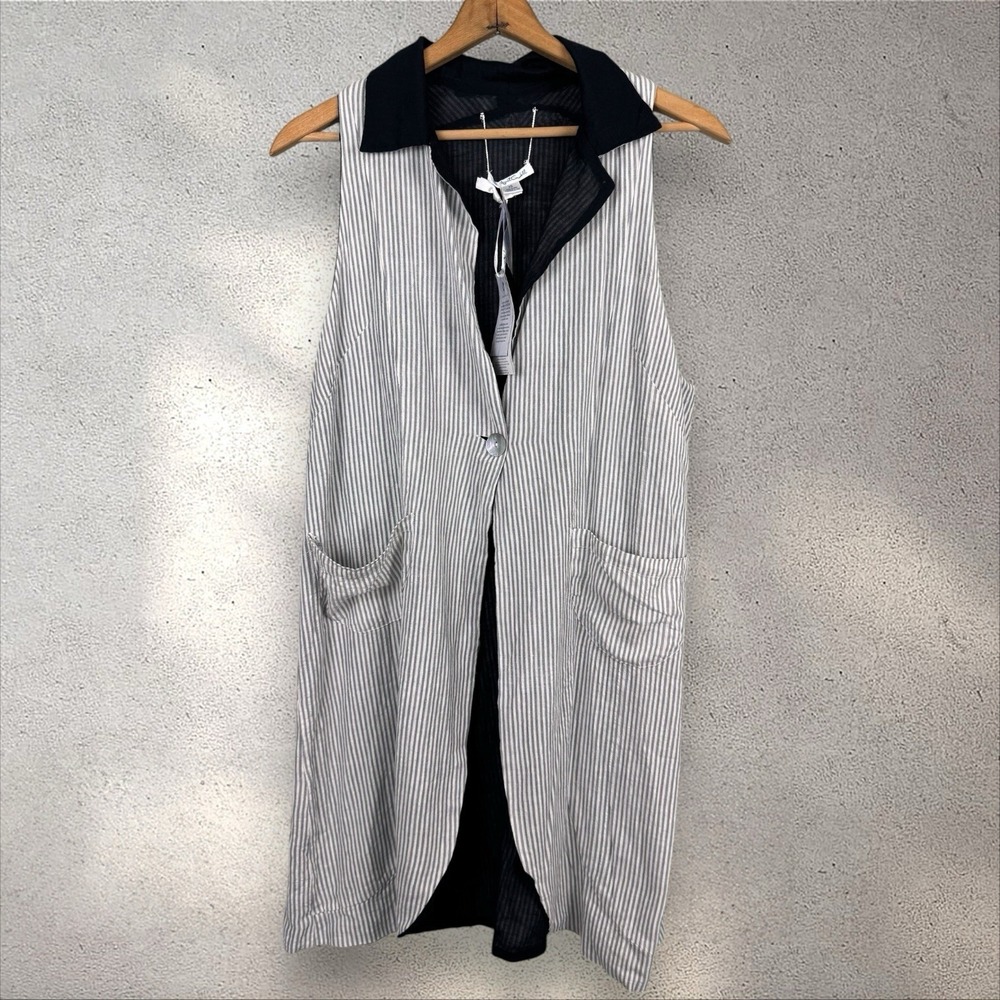 April Cornell Somerset Reversible Gray Striped Button Front Long Duster Vest XS